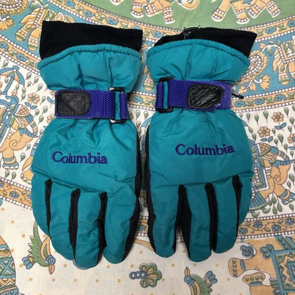 Vintage 90’s Columbia Men’s Neon Funky Retro Ski Snow Gloves Green Purple Work - Picture 1 of 5